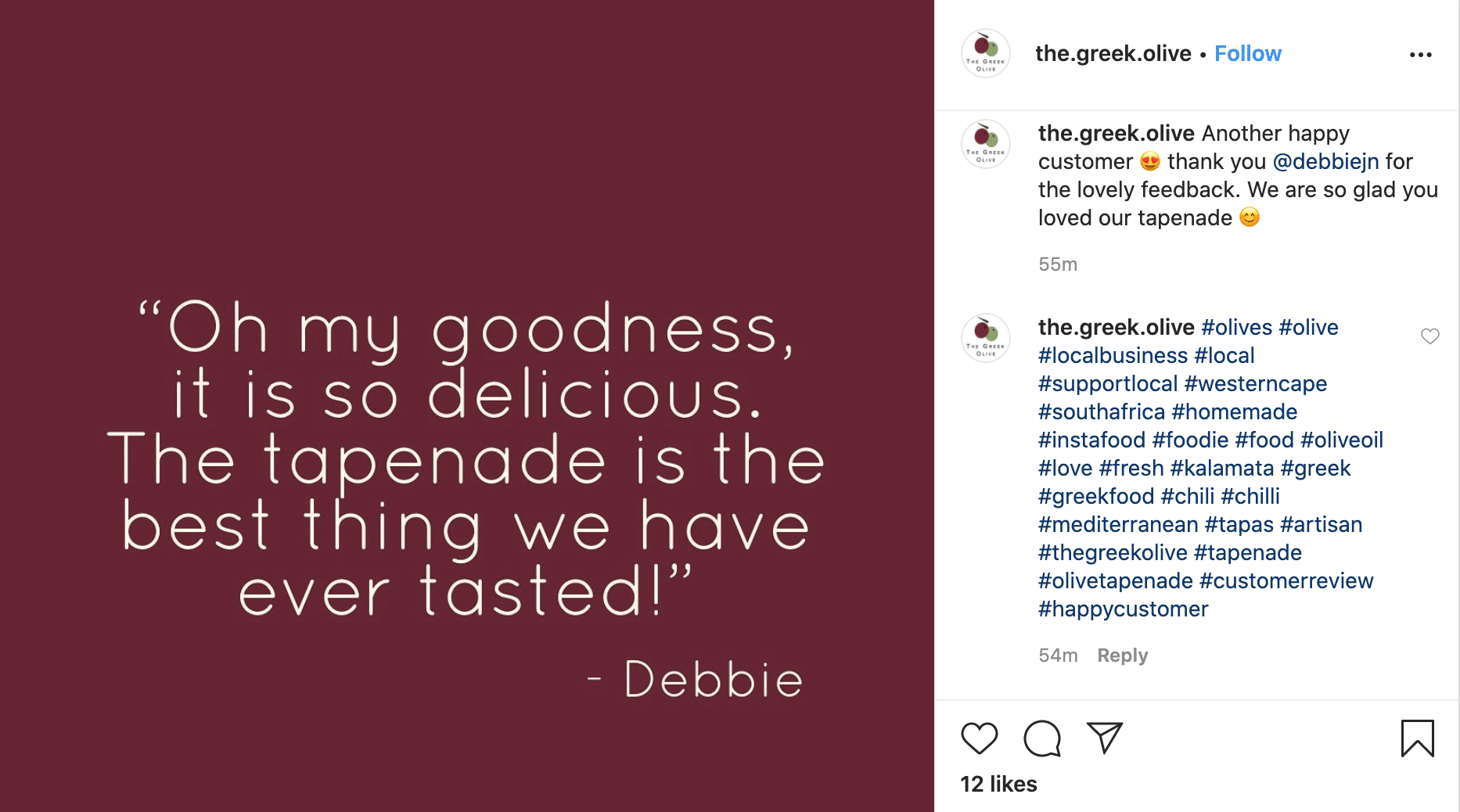 The Greek Olive, a small business out of South Africa, took a customer review, turned it into a quote on a clean background, and made an eye-catching Instagram post.