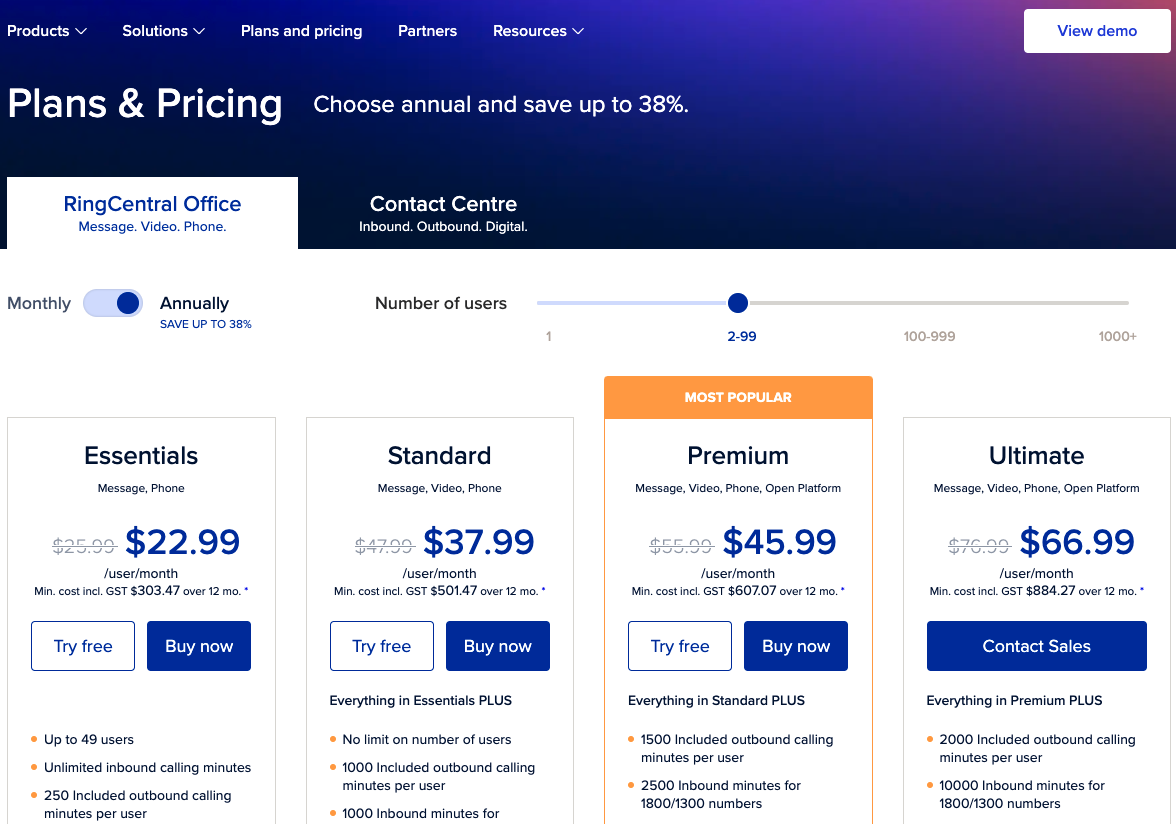 Screenshot of the RingCentral Office plans and pricing web page