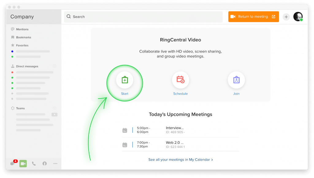 illustration of how to start a meeting with RingCentral video