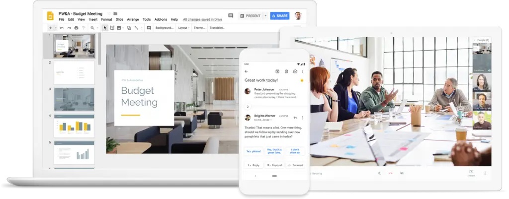 View of Google’s collaboration tools on mobile, desktop and tablet