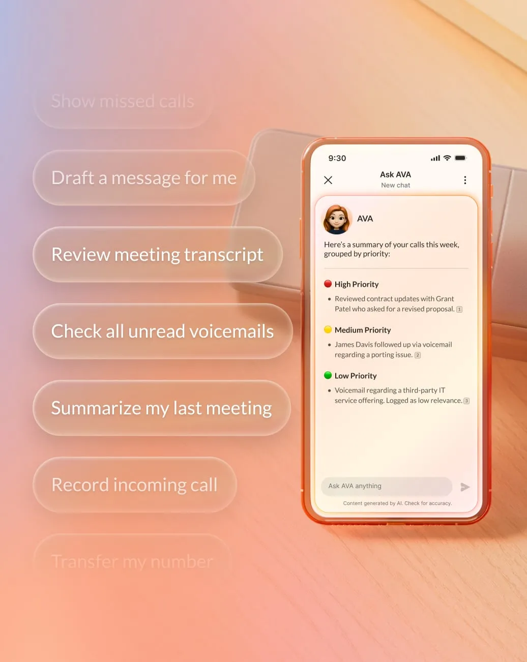 Smartphone screen displaying "Ask Ava," an AI assistant, with suggested actions like Summarize my last meeting, Draft a message for me, and Record incoming call.