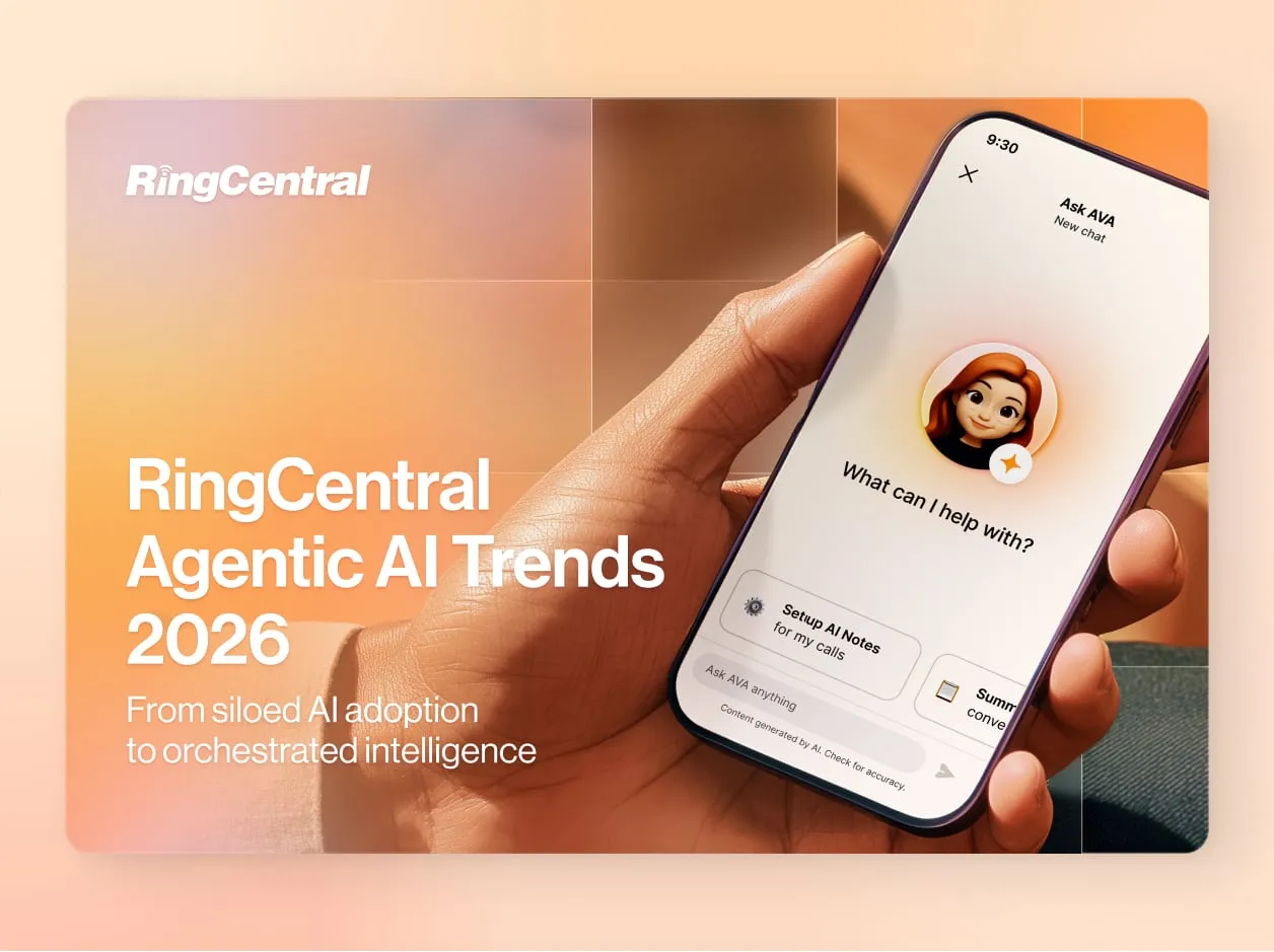 RingCentral Agentic AI Trends 2026 promotional graphic featuring the AVA AI assistant interface on a mobile device with a focus on orchestrated intelligence.