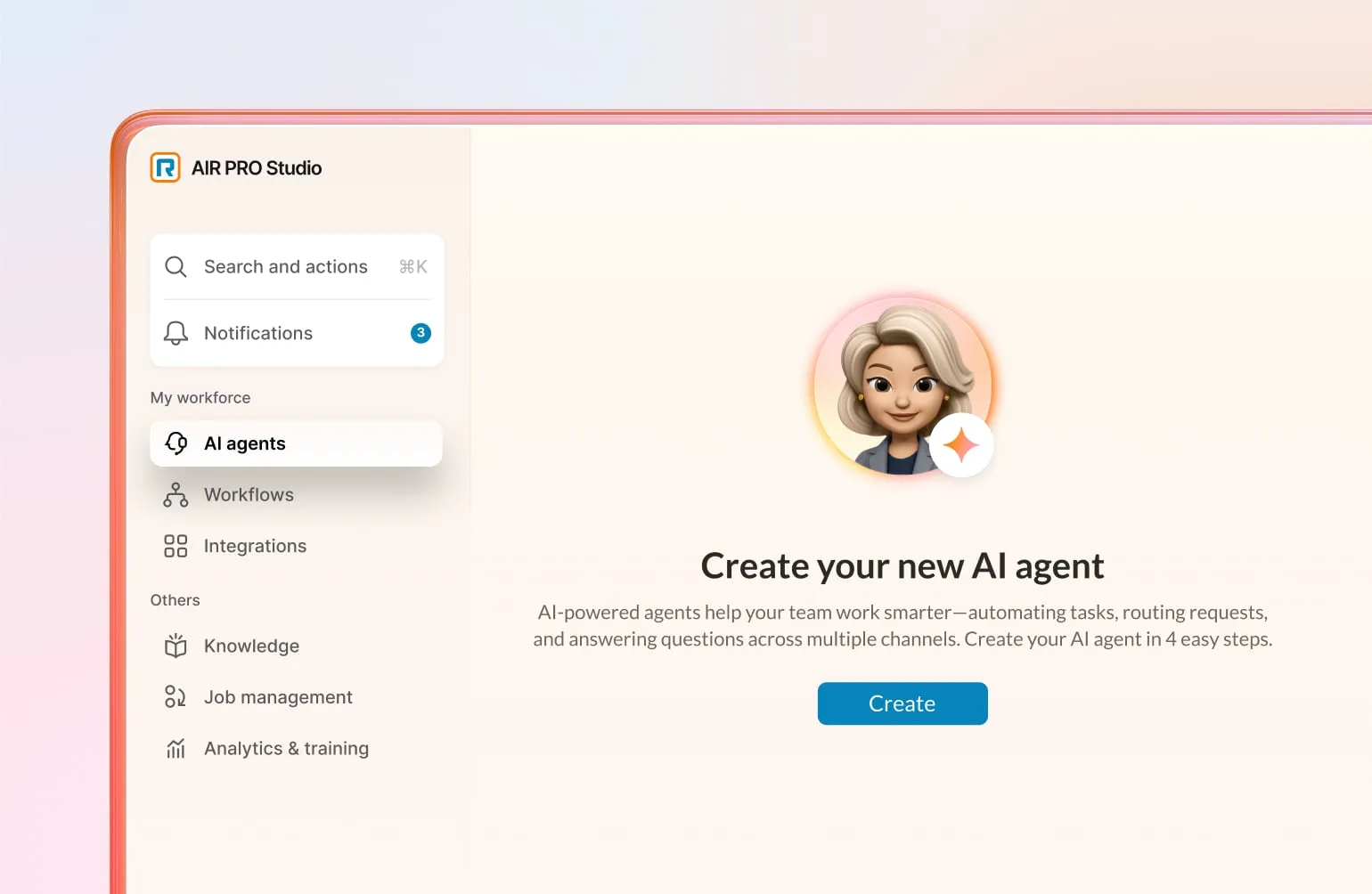 AIR PRO Studio desktop interface for creating new AI agents with a sidebar menu for workflows, integrations, and analytics.