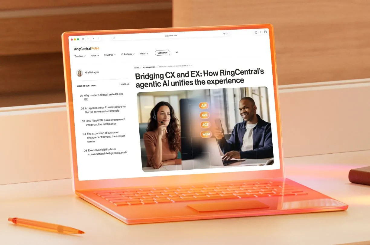 A vibrant orange laptop displaying a RingCentral Pulse blog post titled Bridging CX and EX: How RingCentral's agentic AI unifies the experience, with a table of contents on the left.