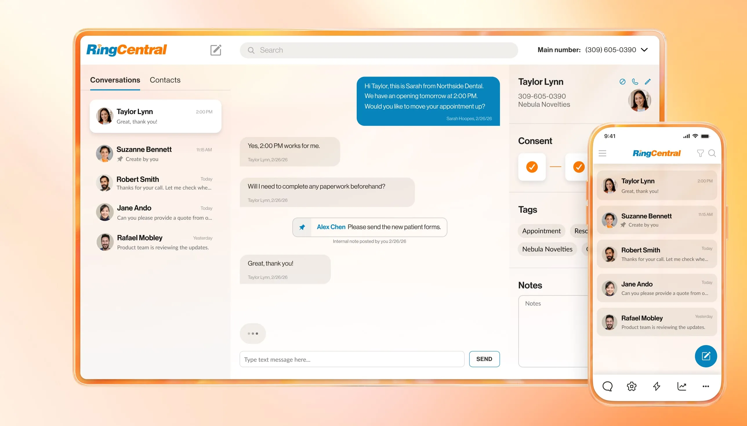 Interface of RingCentral advanced SMS inbox