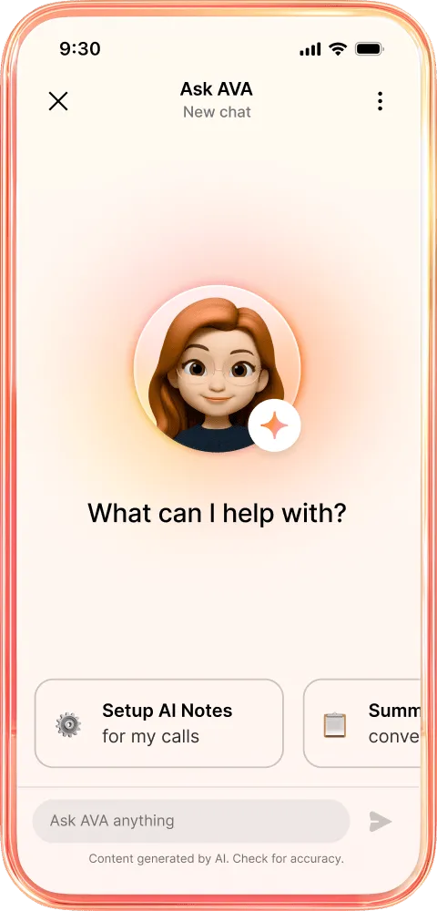 Mobile app interface for Ask AVA, an AI business assistant, featuring a friendly avatar and quick-action buttons for setting up AI call notes and summaries.