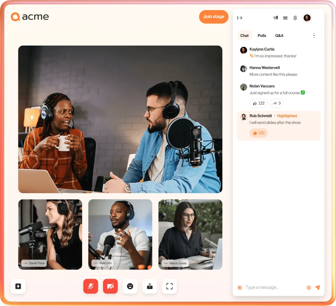 Multi-person virtual event platform interface showing live video speakers, a moderated chat sidebar with reactions, and webinar host controls.