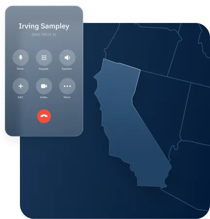 A contact number displayed on the RingCentral dialpad on top of the map of California