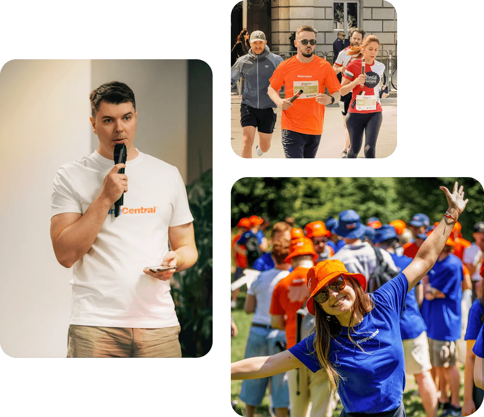 Three images showing RingCentral team activities: a person speaking at a podium, people running in a race, and a group enjoying an outdoor event.