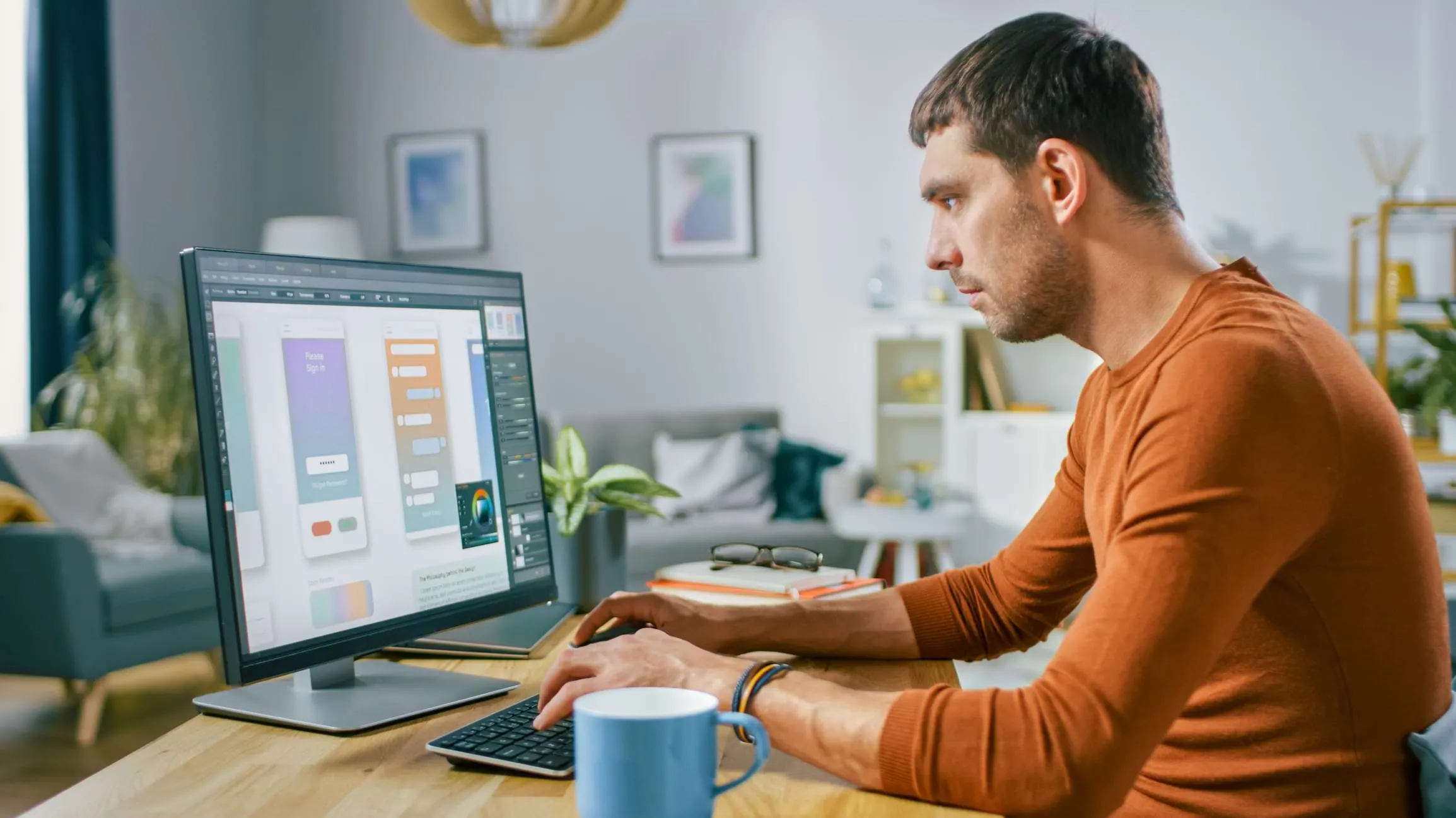 Manager working on a CRM dashboard with data visualizations and customer data flow