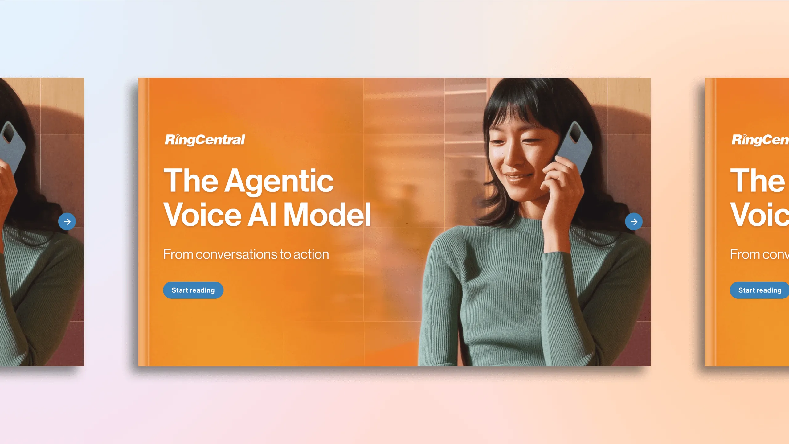 RingCentral banner for "The Agentic Voice AI Model" playbook with a "Start reading" call-to-action button
