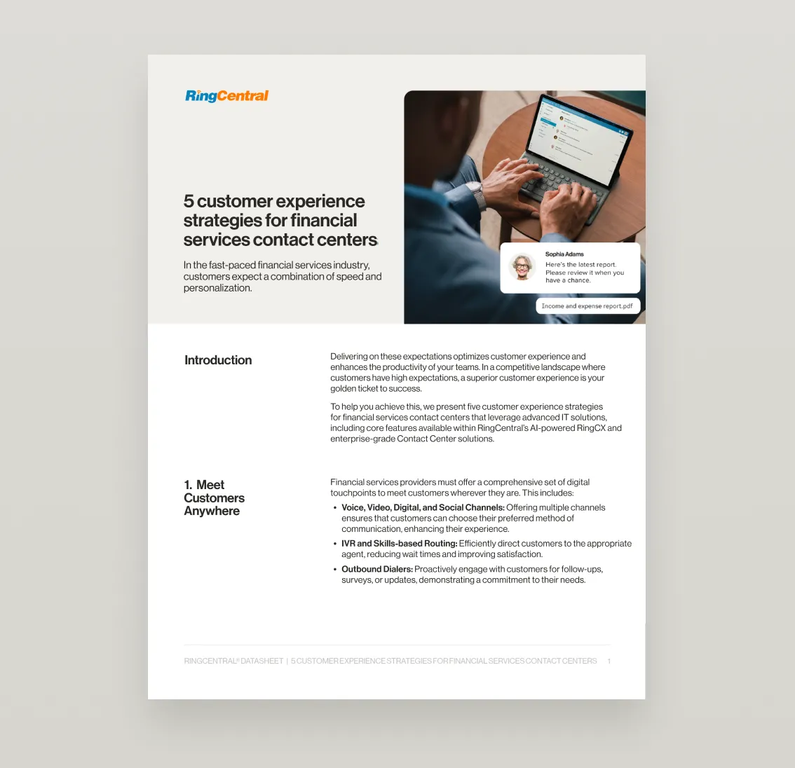 Datasheet cover: A man receiving a financial report via the RingCentral desktop app on his laptop