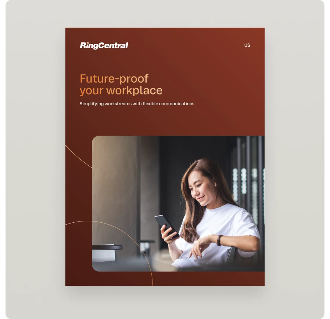 eBook cover: A woman smiling at her mobile phone while working