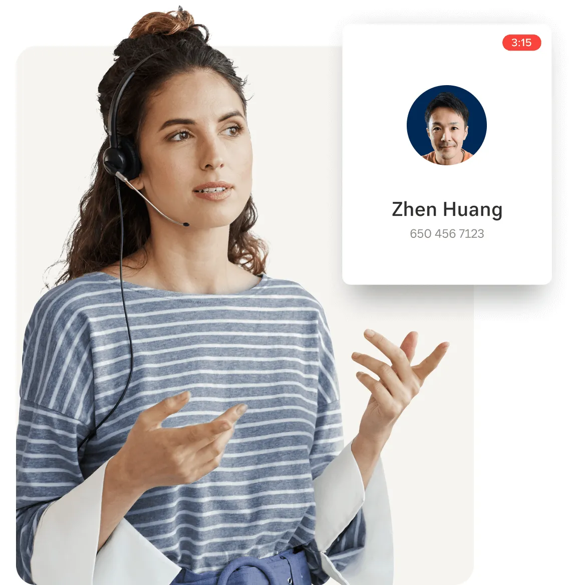 A female contact center agent talking to a customer