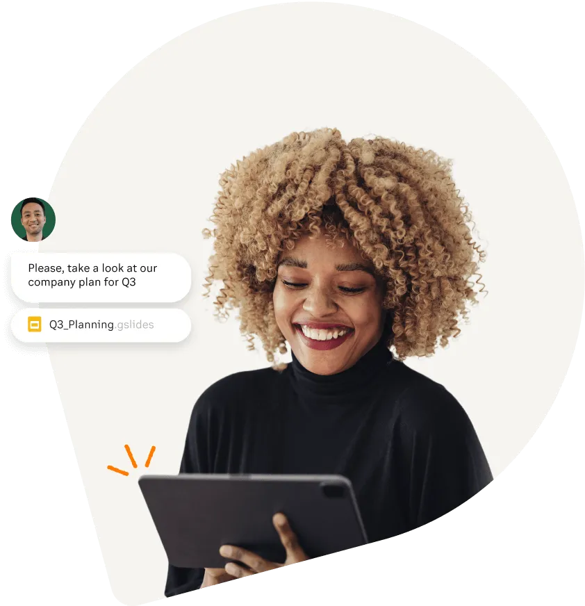 A woman looking at a document via the RingCentral app on her tablet
