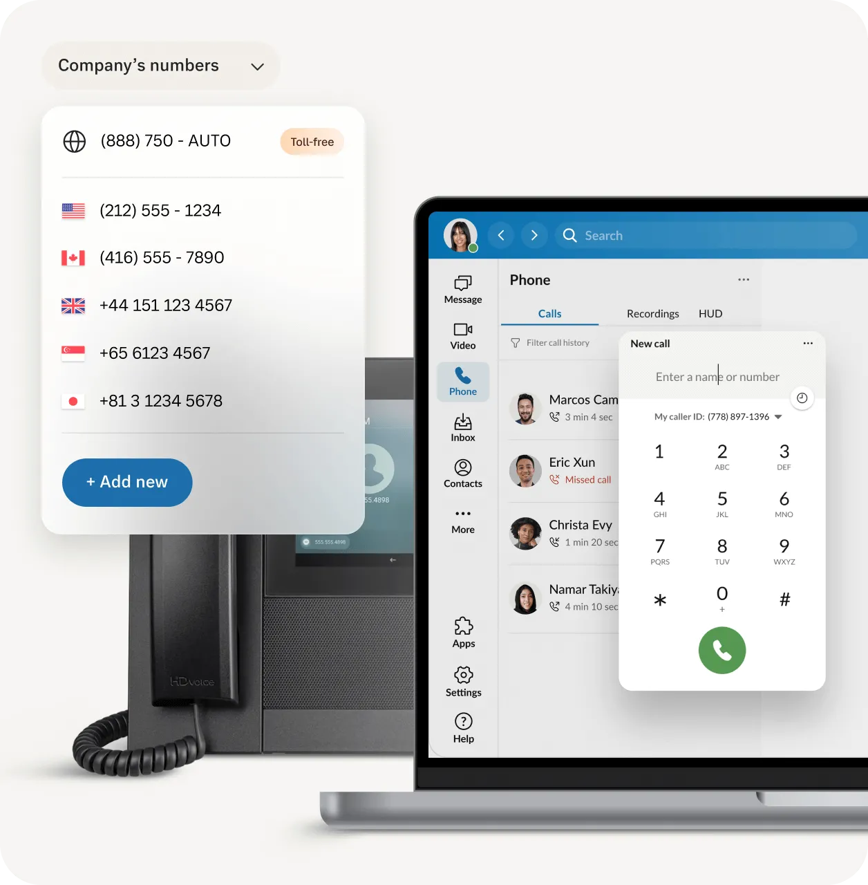The RingCentral phone system consisting of dialpad and dashboard app open on a laptop with an insert of a list of US Company phone numbers behind a landline phone