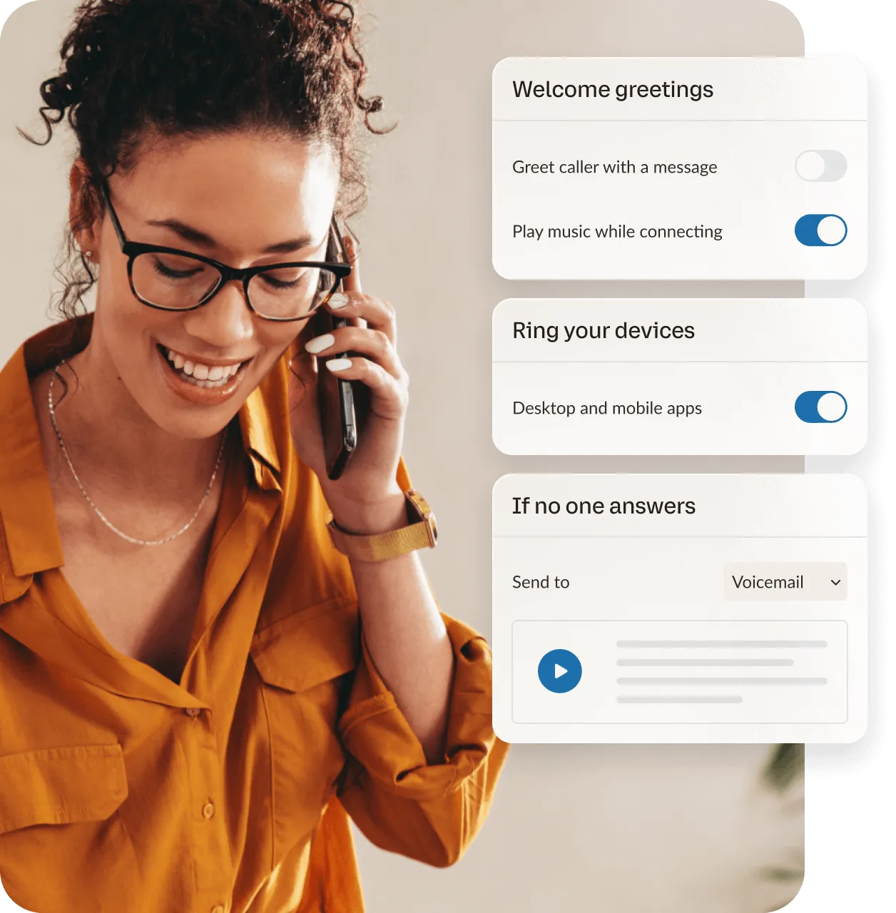 A woman on a call on a mobile phone with an insert of the Welcome Greetings, Ring Your Devices, and If No One Answers settings in the RingCentral mobile app