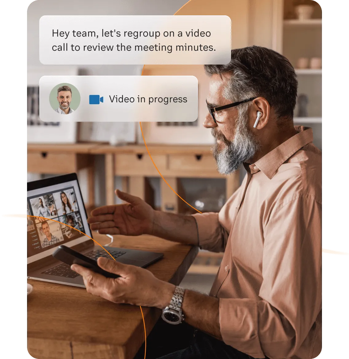 A man initiates a video conference with his team using the RingCentral app on his laptop
