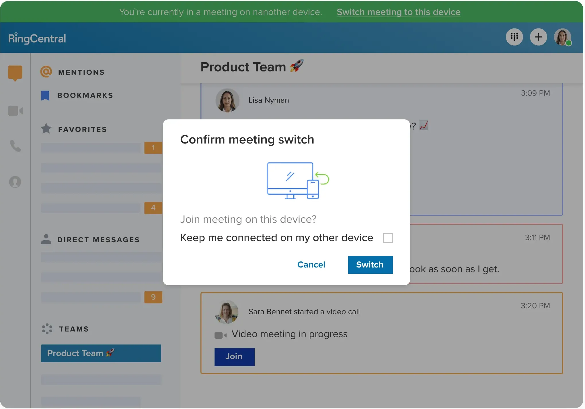 Call Flip screen showing an ongoing call being transferred between mobile and desktop