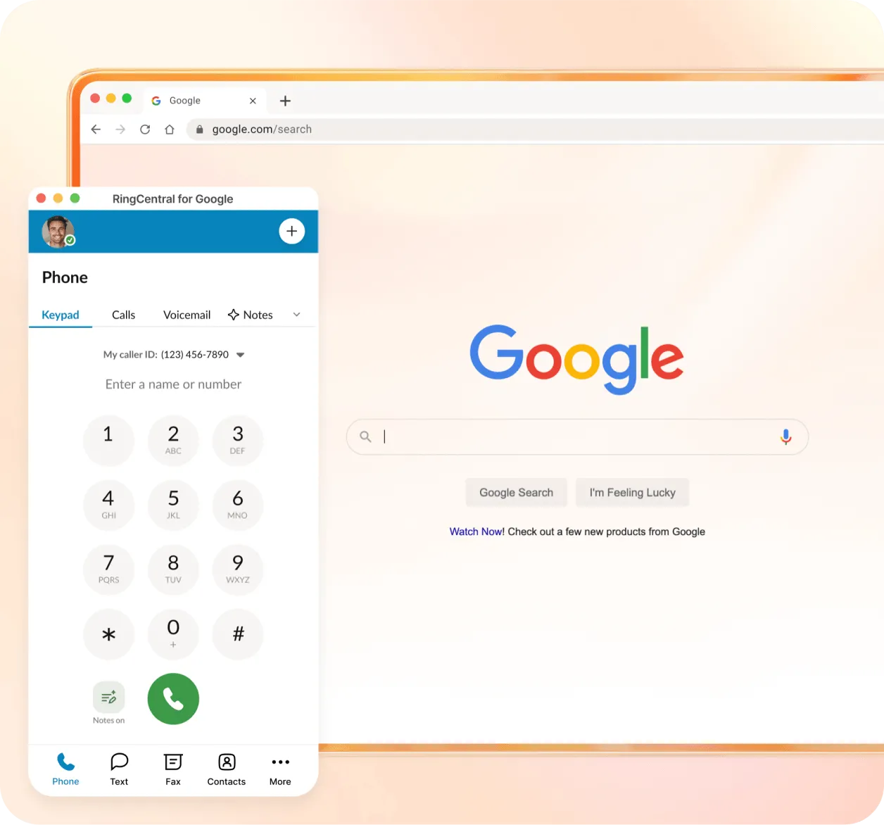 RingCentral phone app with keypad alongside Google search page.