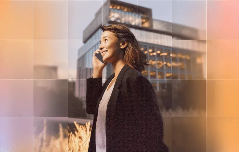 A professional woman smiling during a seamless AI-powered voice call.