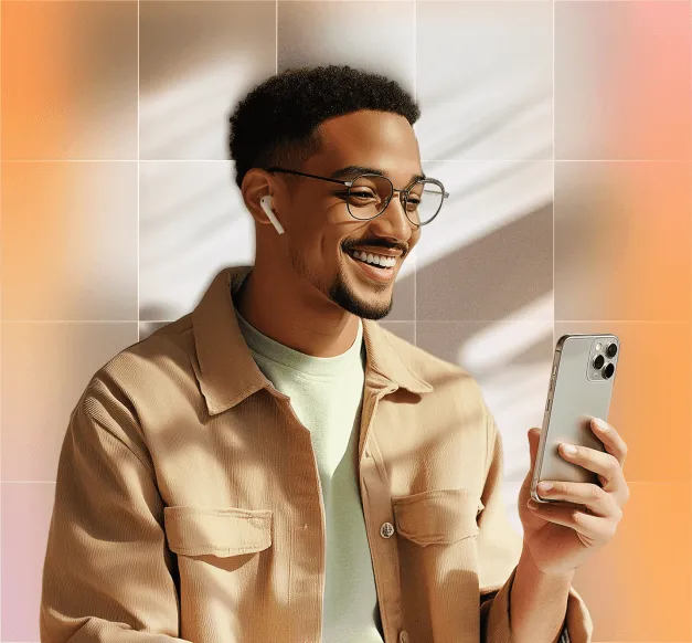 A person smiling while using a smartphone, wearing wireless earbuds, and looking engaged, suggesting a positive communication experience.