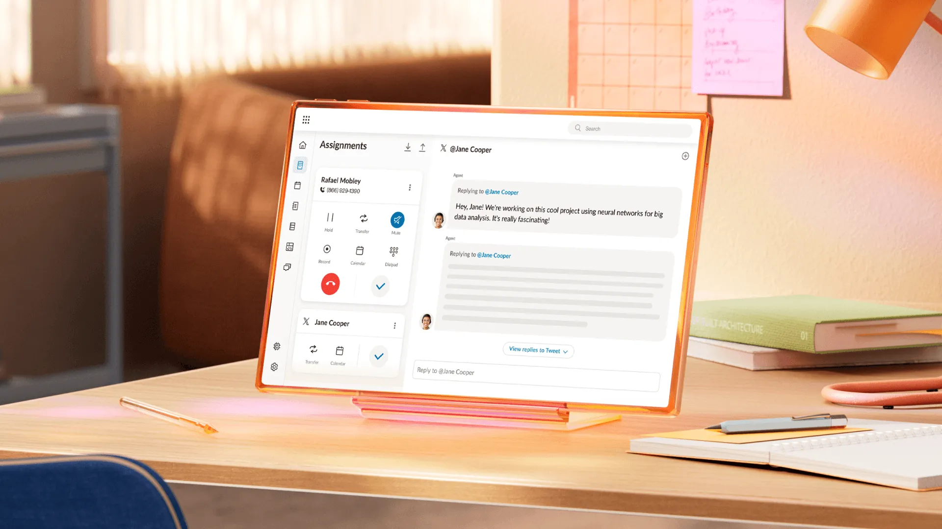 RingCentral RingCX dashboard on a tablet displaying Agentic Voice AI features for contact center