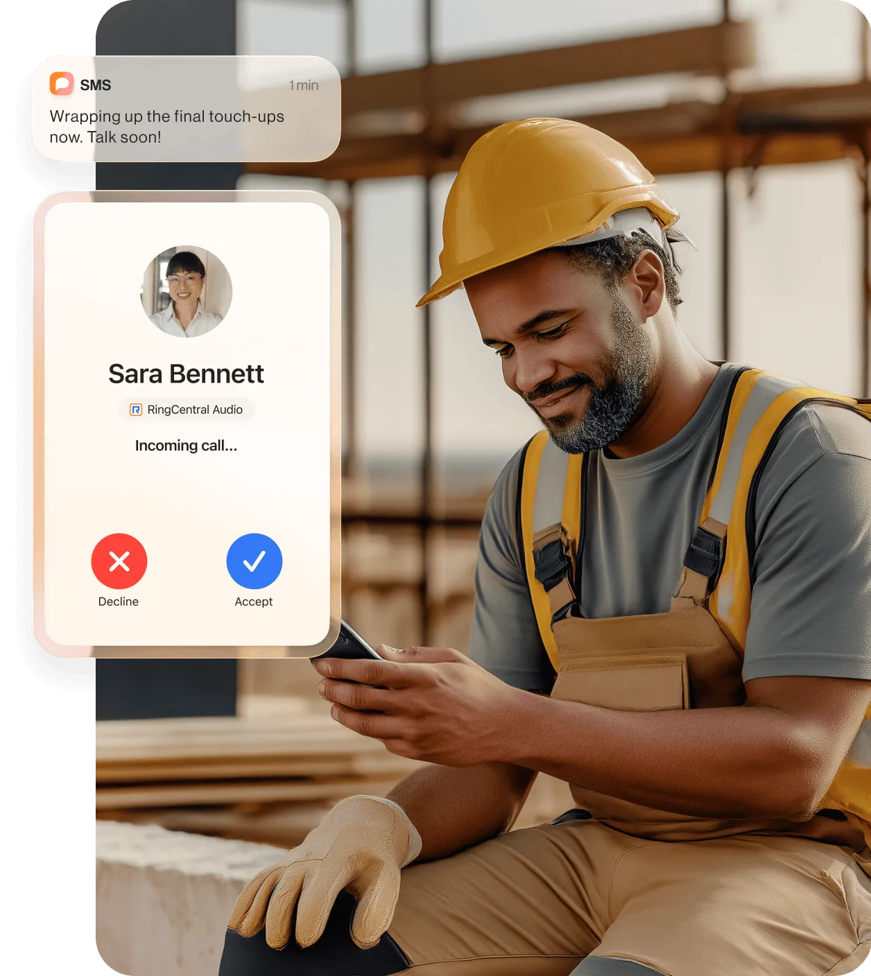 A woman holding a tablet while talking to a colleague using the RingCentral app
