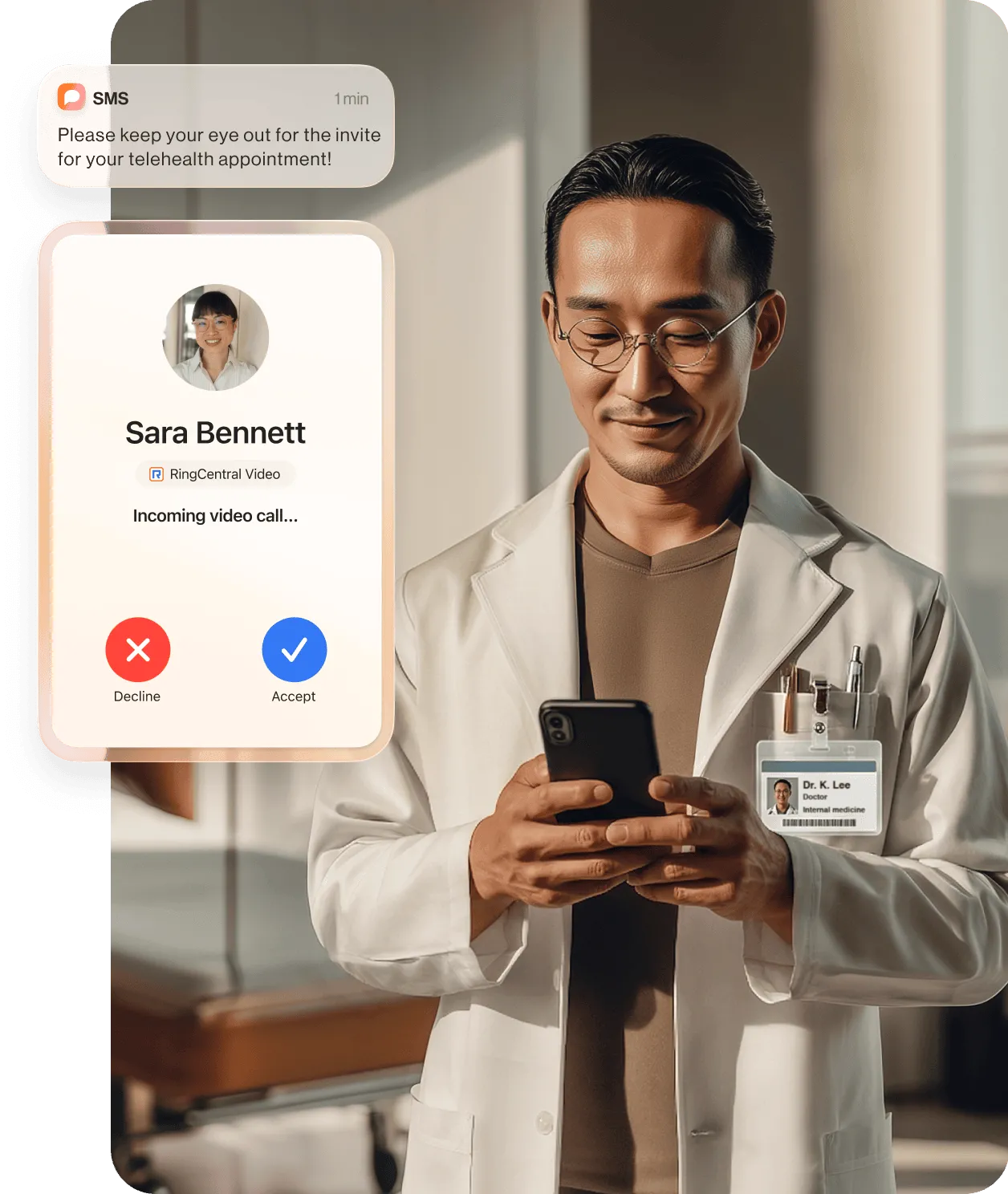 A woman holding a tablet while talking to a colleague using the RingCentral app