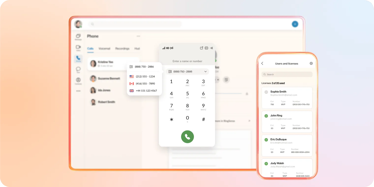 An image showing the location of RingCentral's user and license controls on both desktop and mobile apps.