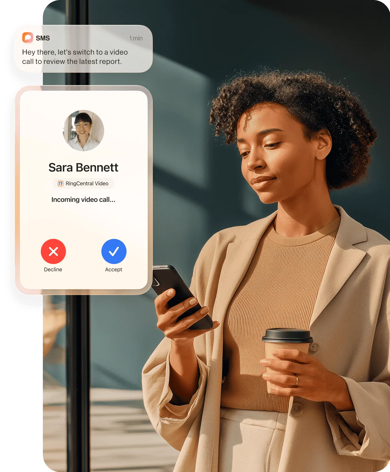 A woman holding a tablet while talking to a colleague using the RingCentral app