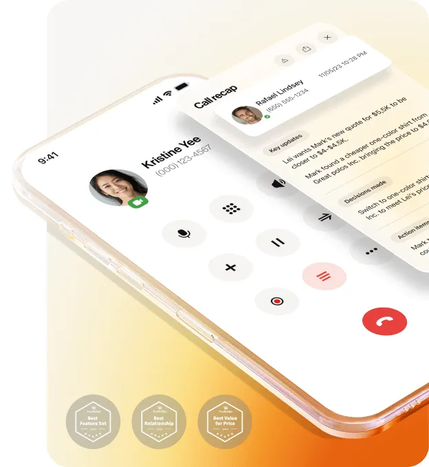 A mobile phone showing an active RingCentral phone call and a call recap of a previous conversation