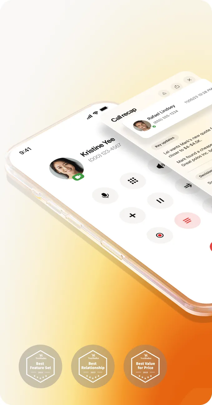 A mobile phone showing an active RingCentral phone call and a call recap of a previous conversation