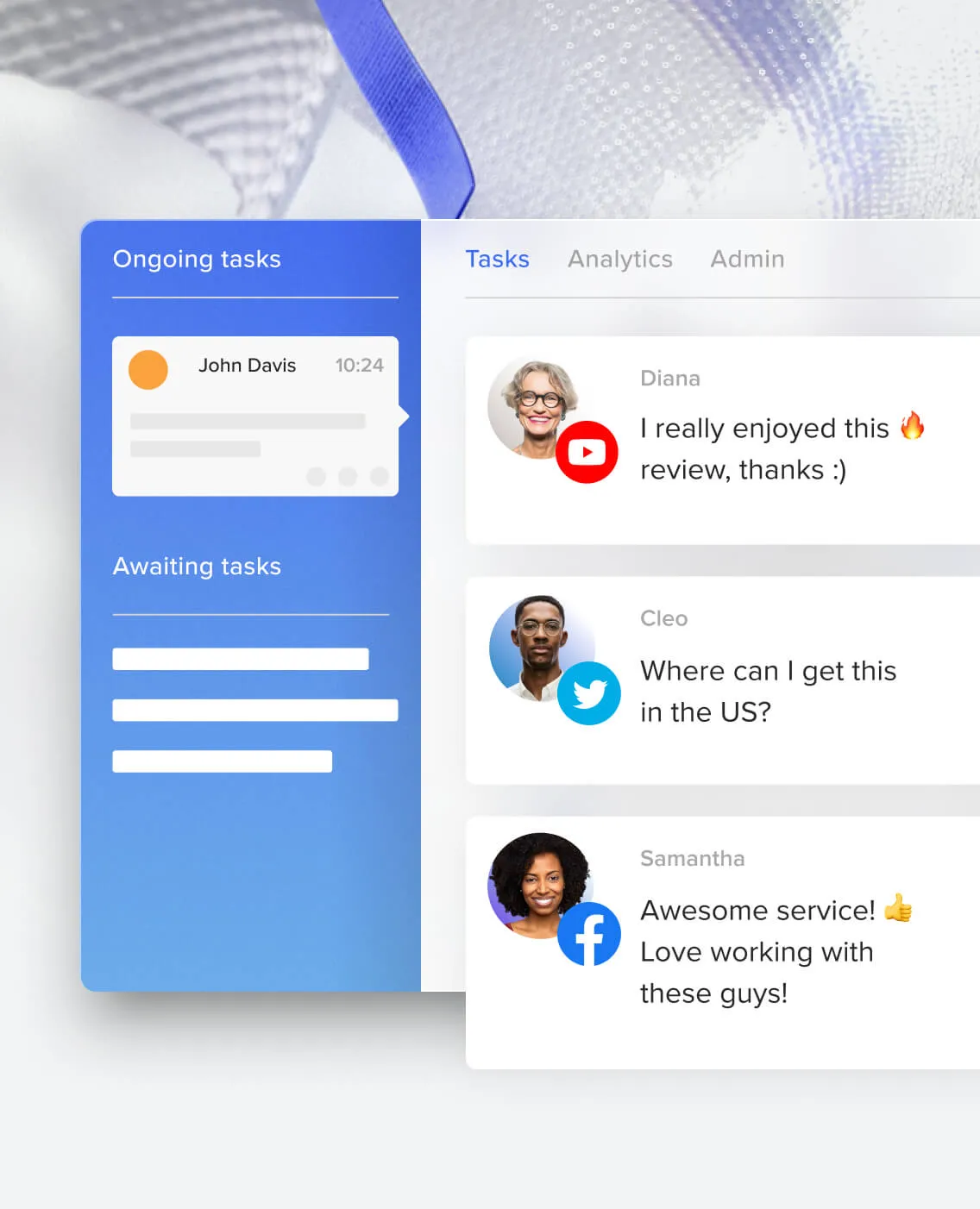 RingCentral's digital customer engagement platform allows businesess to connect with customers on Facebook, Twitter, Instagram, YouTube, and other social media apps