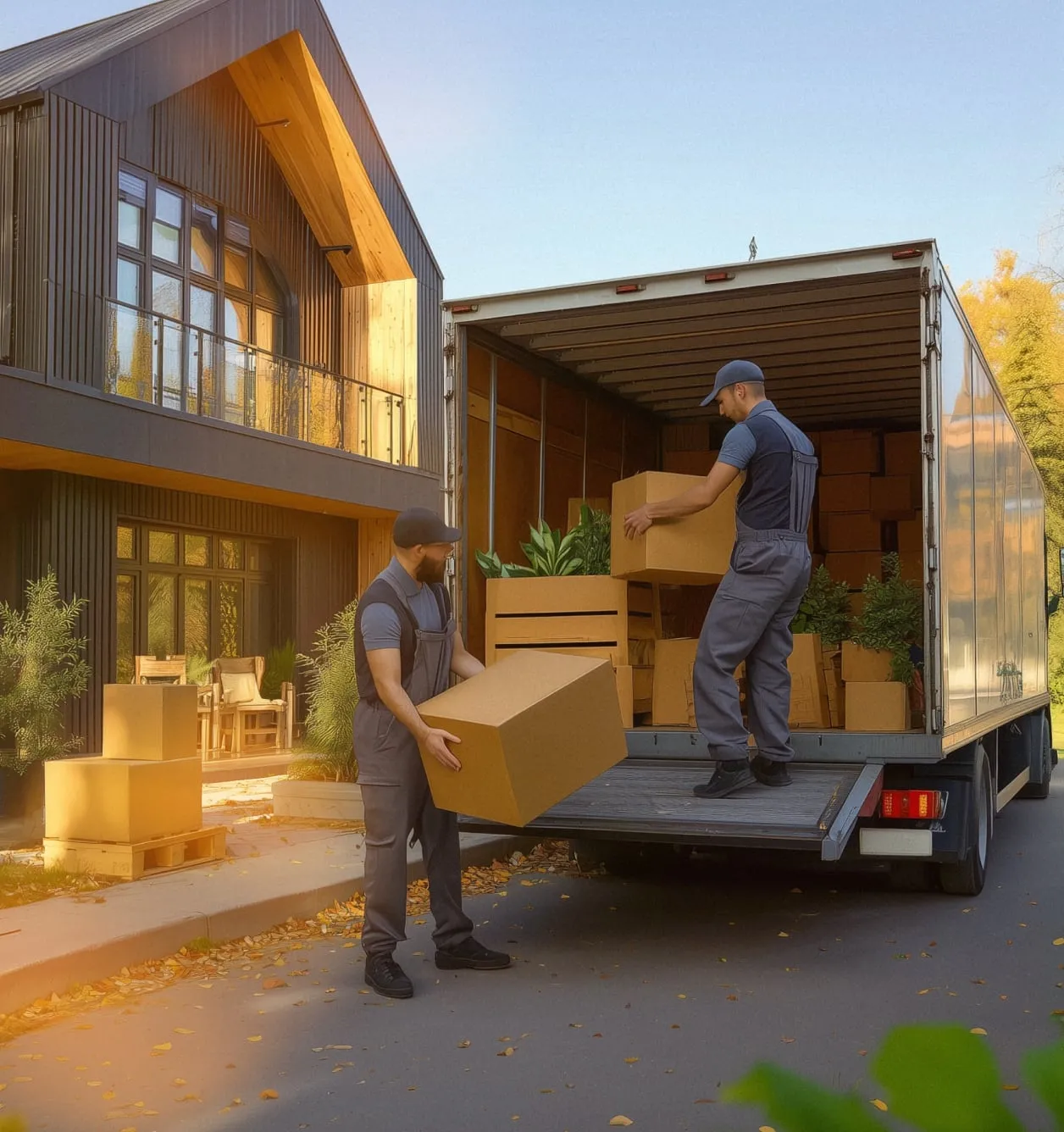 Two movers unloading boxes from a truck