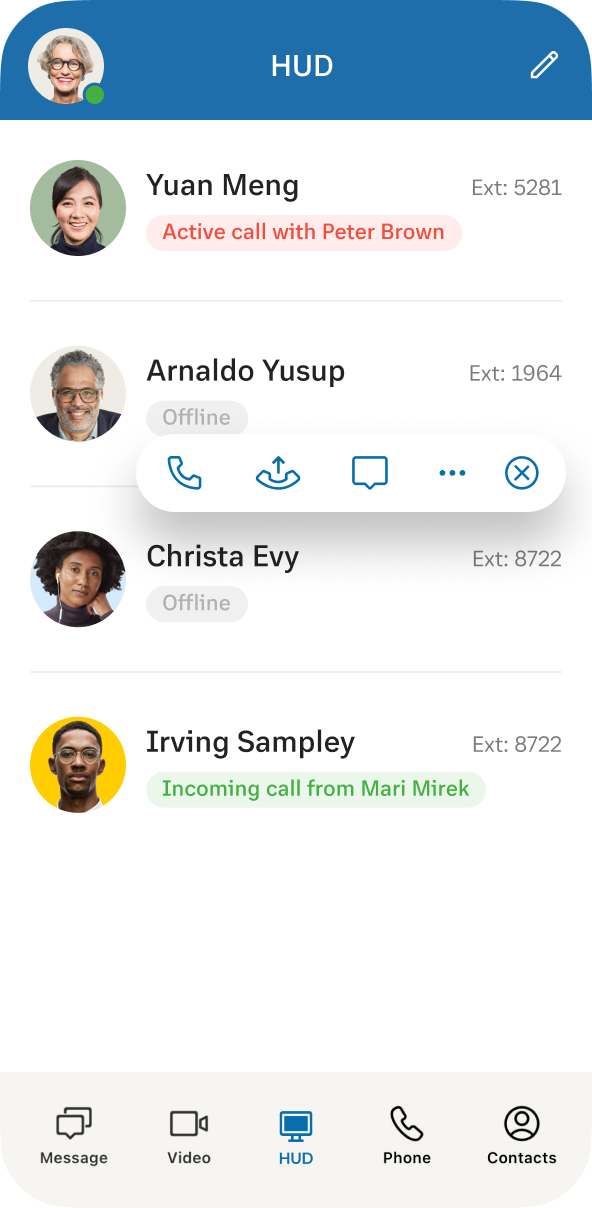 A list of contacts in the HUD pane of RingCentral