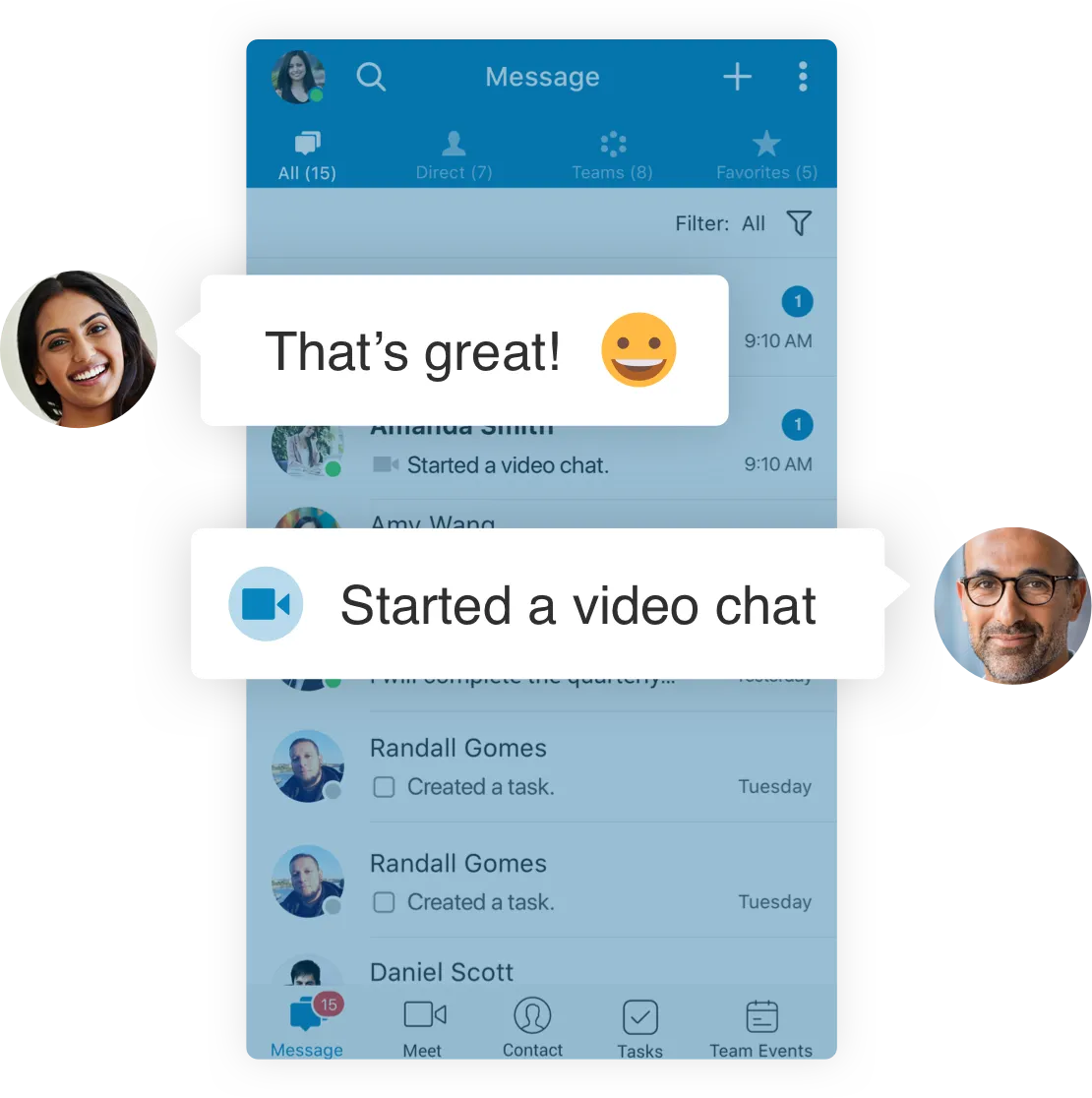 The RIngCentral App Message tab where a video call is initiated