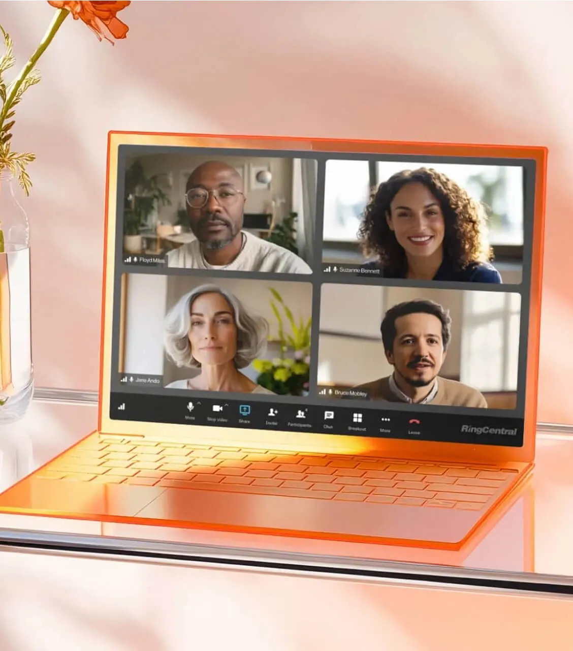 RingCentral video conferencing on a laptop with four participants