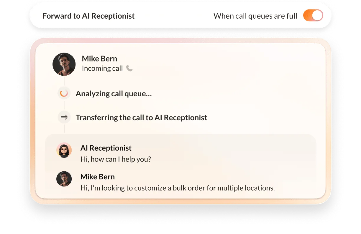 Call transcription interface displaying an AI Receptionist managing an inquiry about customizing a bulk order. The receptionist successfully transfers the call, accompanied by the status message This call is being transcribed.