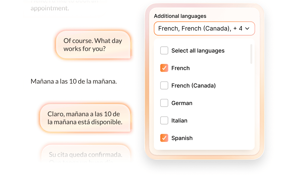 Multilingual chat conversation featuring language selection options within a messaging interface, highlighting French and Spanish.