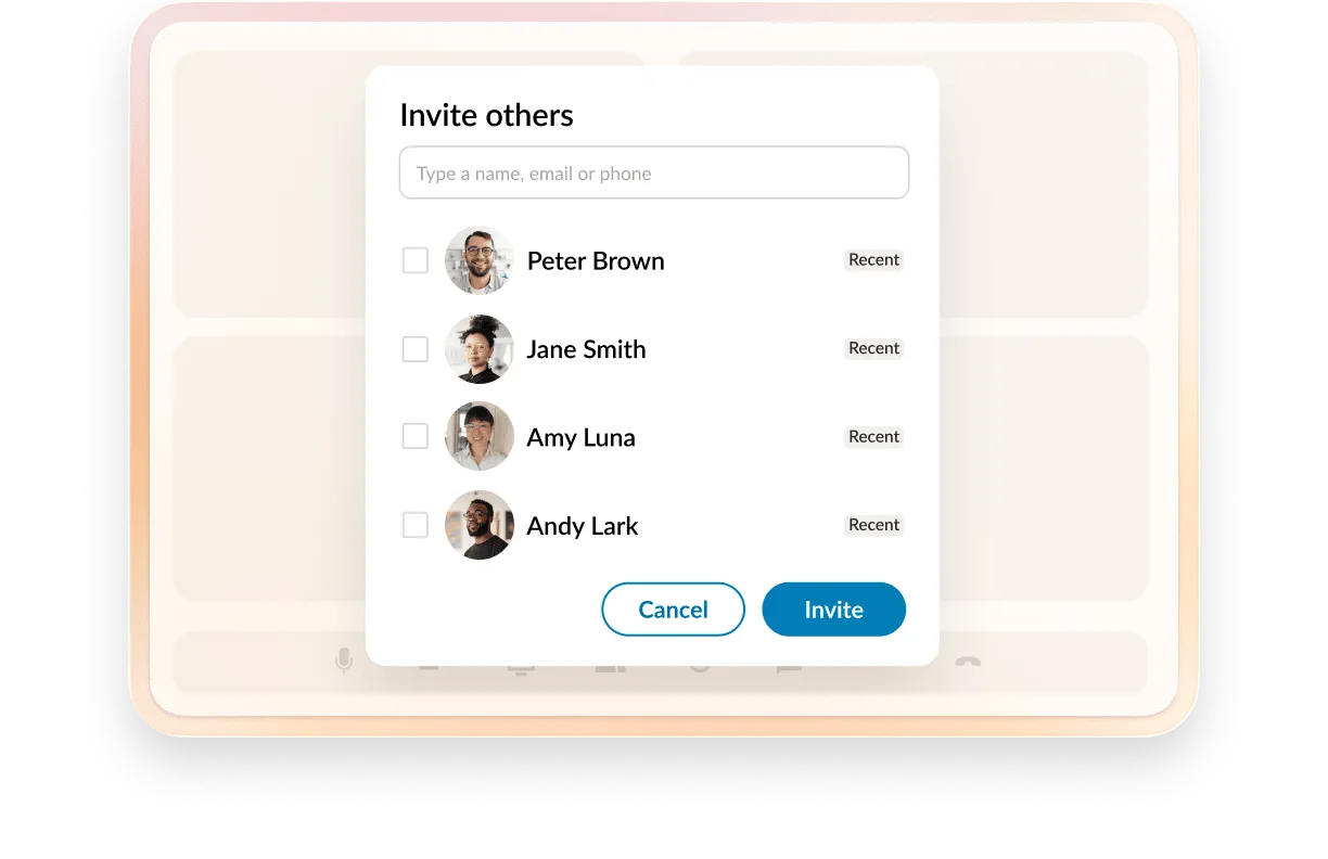 "Invite others" screen with contact options and invite button.