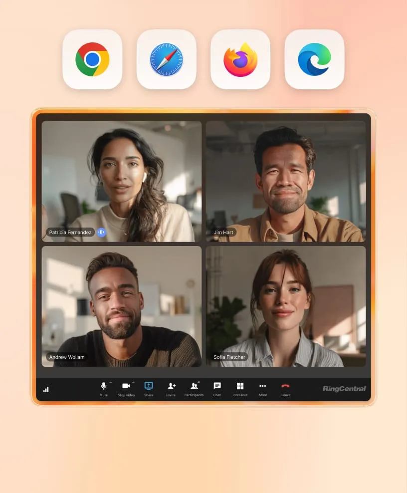 RingCentral video conferencing UI with browser icons above.