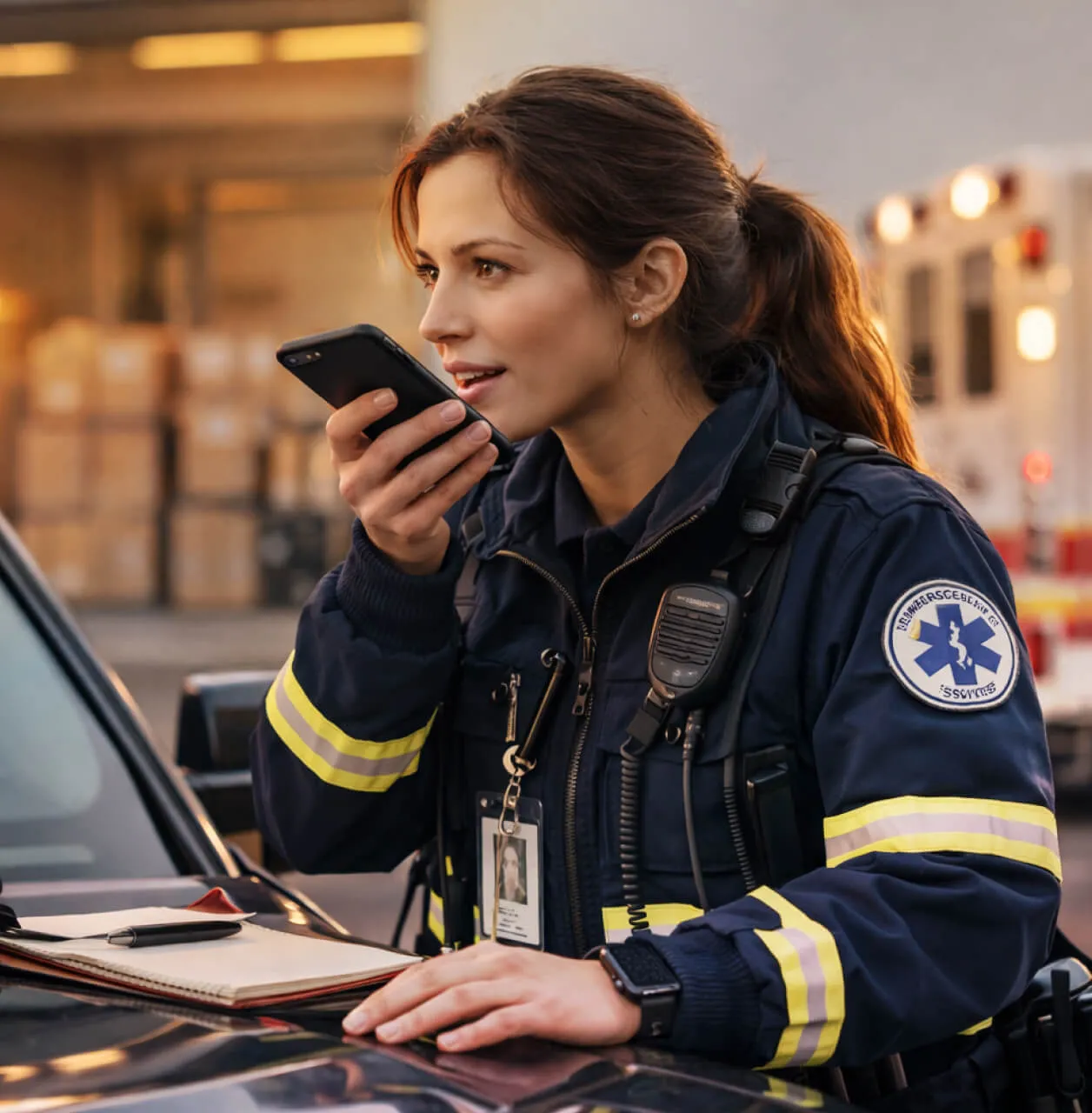 Emergency medical professional using a smartphone for communication near an ambulance, demonstrating effective field communication.