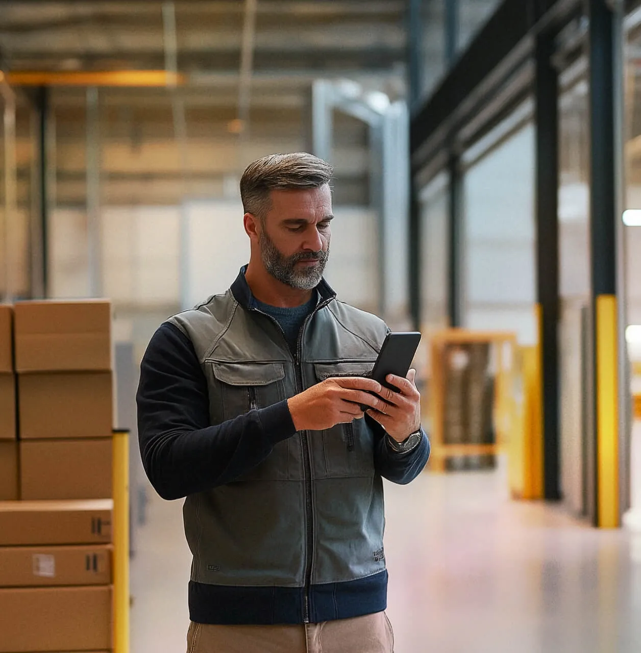Warehouse worker using a smartphone for efficient communication and logistics management.