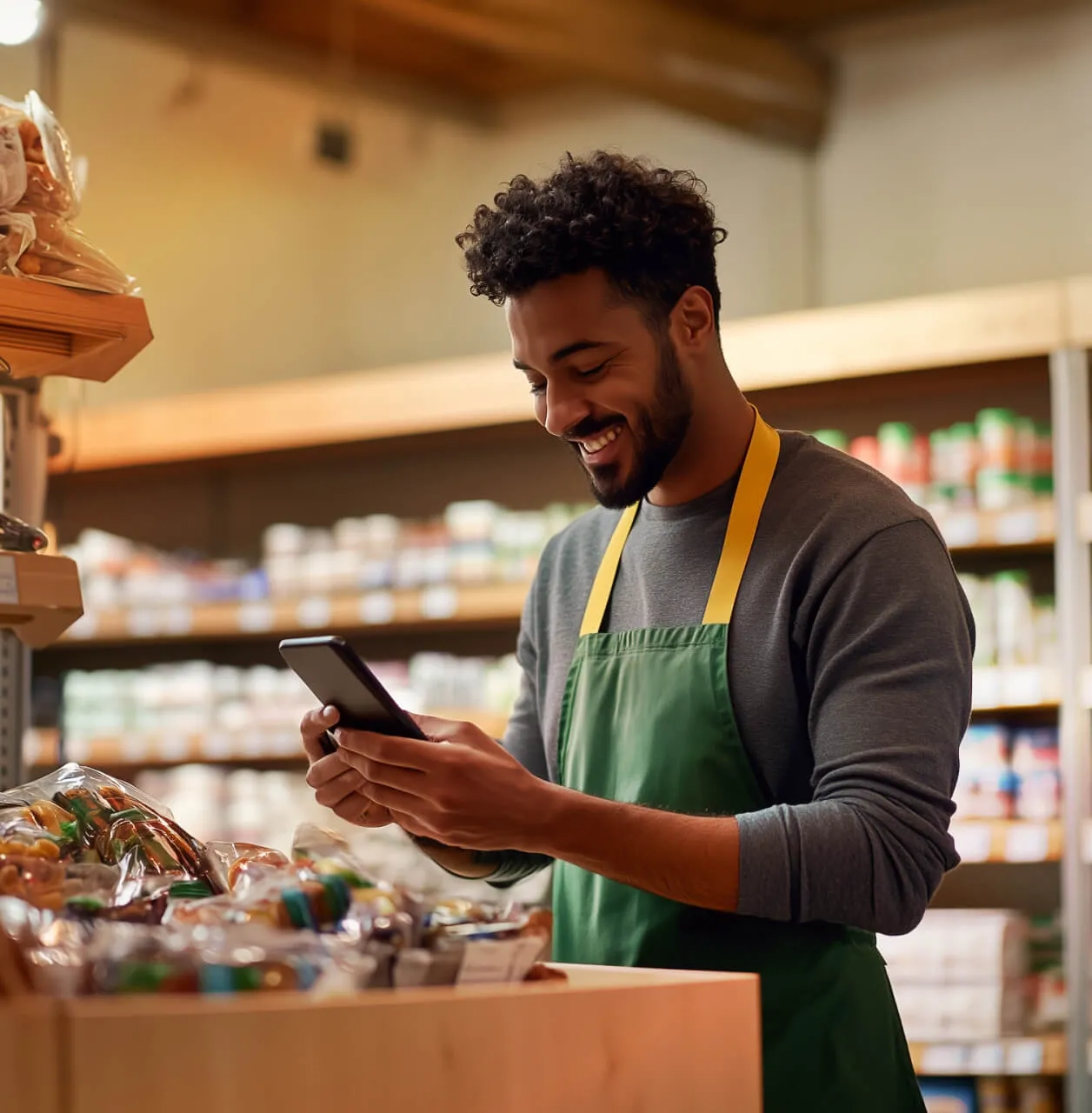 Store employee using a smartphone to manage inventory in a grocery aisle, wearing a green apron.
