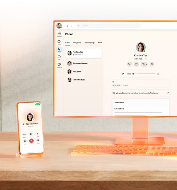 RingCentral phone interface on monitor and smartphone displaying call features and contact list.