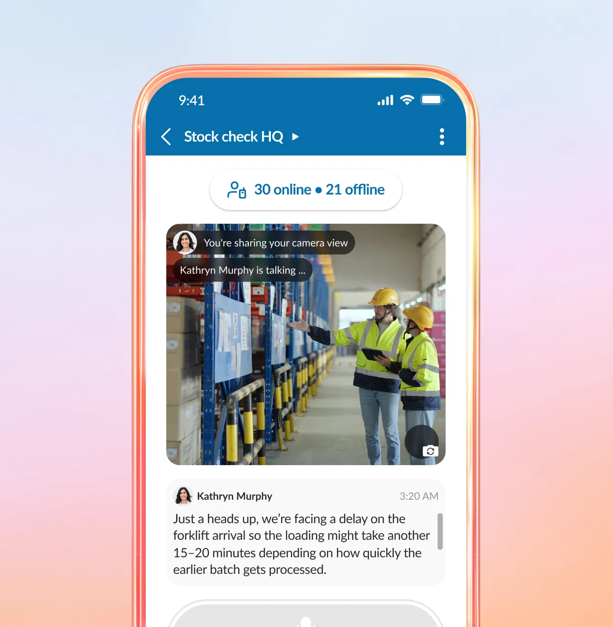 Screenshot of the RingCentral app showing a team video call and messaging about a warehouse delay in Stock Check HQ.