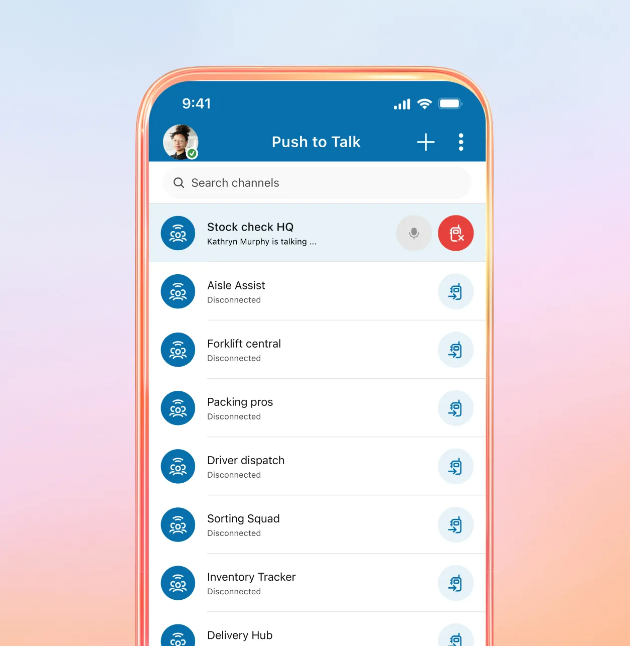 Screenshot of the RingCentral Push to Talk app interface, showing various communication channels and their connection status.