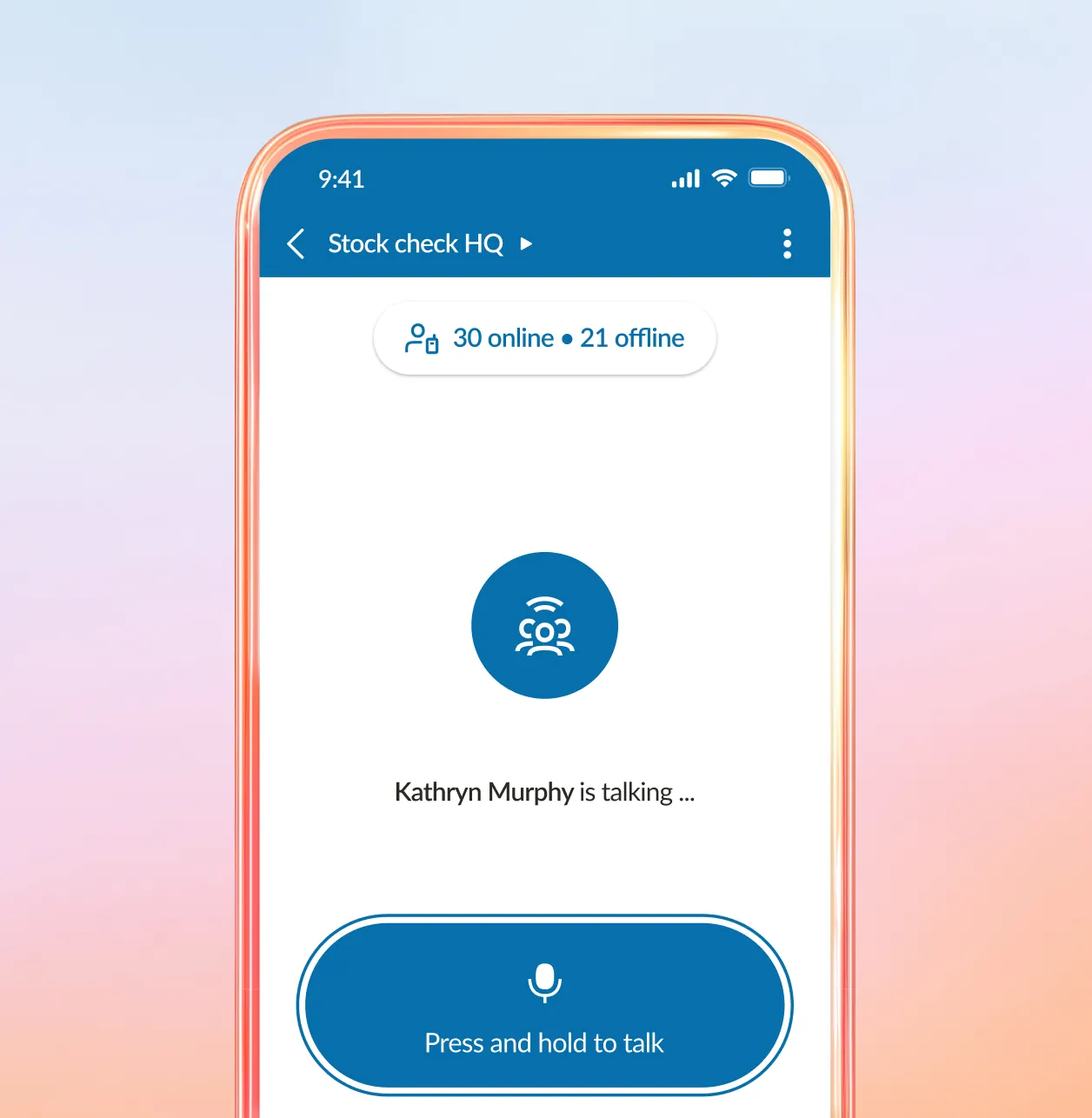 Screenshot of the RingCentral app showing a team communication interface with 30 online and 21 offline users.