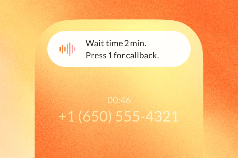 Call interface showing wait time of 2 minutes and option to press 1 for a callback, with a phone number and call duration.